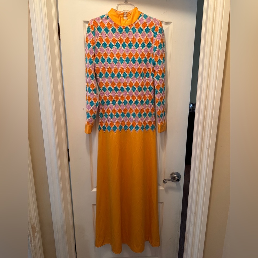 Vintage 60s 70s Futura Couture of New York Colorful Maxi Dress Sz 12